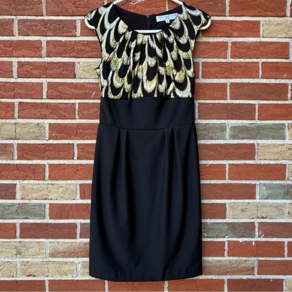 Trina Turk Black Gold Silver Metallic Wool Patterned Sleeveless Sheath Dress 👗